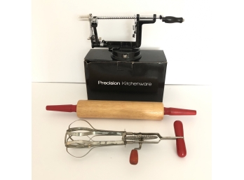 Apple Peeler, Rolling Pin, And Vintage Egg Beaters