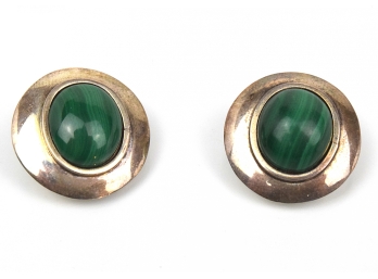 Vintage Sterling Silver In Malachite Button Clip-Ons
