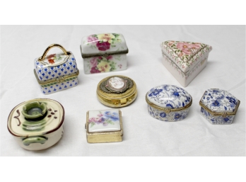 Eight Small Dresser Boxes - Porcelain, Tin & Pottery