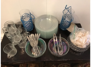 Beach Candles, Cut Glass Bowl With Sea Shells, Glass Mugs And Plates