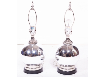 Pair Of Chrome Finish Round Table Lamps