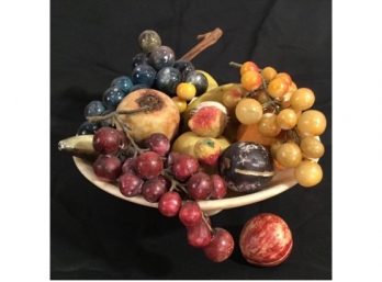 Vintage Italian Marble Pedestal Fruit Dish With Alabaster Painted Fruit
