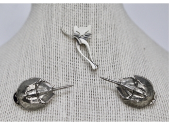GG Harris Pewter Stingray Tac Pins And Sterling Cat Pin