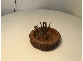 Vintage Wood Nut Bowl W/Accessories