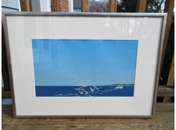 Silkscreen Print Of Water With A Fisherman And Gulls