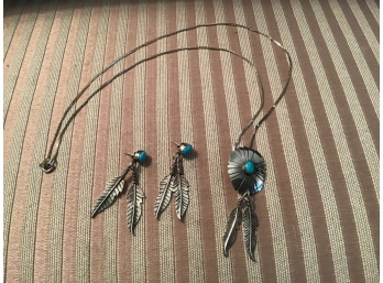 Southwest Style Sterling Silver And Turquoise Necklace And Earrings Set
