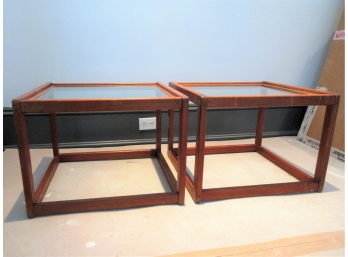 Pair Glass Inset Modern Oak End Tables