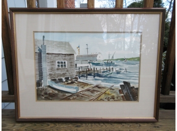 New England Dock Watercolor,  Signed