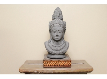 Stone Figurine Of Asian God On Wooden Hand Painted Base