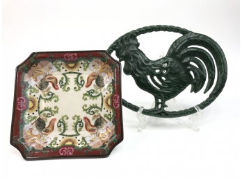 Vintage Hua Ping Tang Zhi Square Decorative Rooster Plate And Trivet