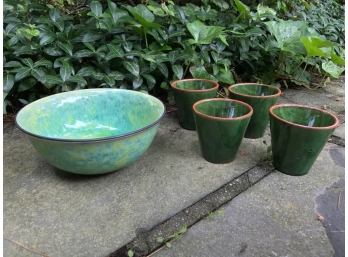 Ceramic Green Glazed Bowl And Four Green Glazed Cups
