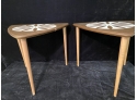 Pair Of Small Triangular Tables With White Floral Pattern On Top