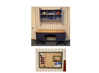 Set Of 3 Blue Maine Cottage Furniture Company Desk, Coordinating Blue Wall Cubby Unit And Coordinating Blue Bulletin Board
