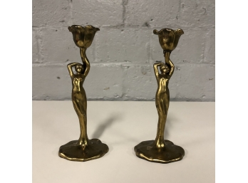Pair Of Art Nouveau Heavily Gold Gilded Solid Metal Candlesticks
