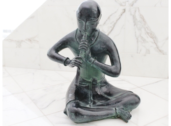 Asian Patinated Bronze Figure Of A Seated Flute Player