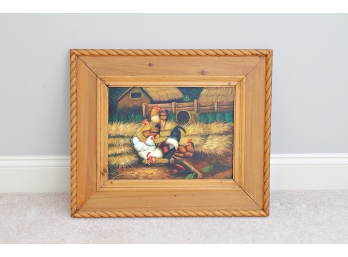 Oil On Panel Depicting A Barnyard Scene With Roosters & Chickens