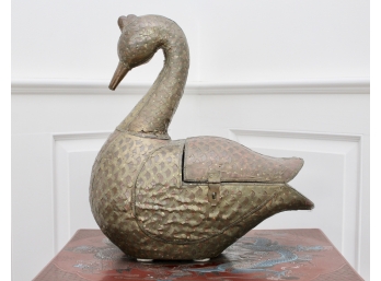 Wood Brass And Copper Overlay Duck Figurine
