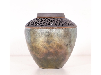 Glazed Earthenware Pottery Vase With Copper Wire Accent