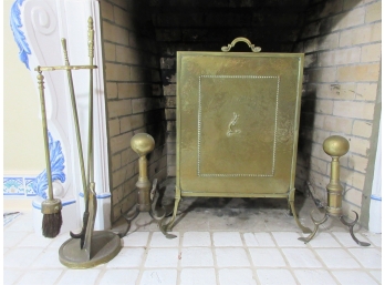 Antique Brass Fireplace Set: Screen, Andirons, Tools