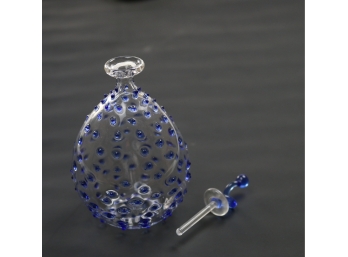 Delicate Glass Perfume Bottle Featuring Sapphire Blue Raised Glass Elements With Glass Swirl Topper