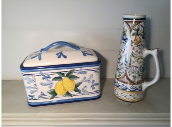 Hand Painted Ceramic Box And Pitcher, Signed - Made In Portugal
