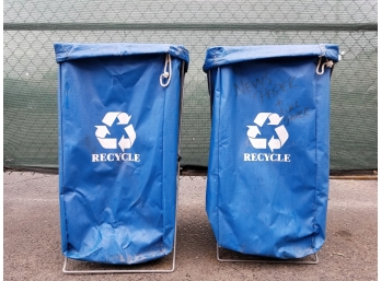 2 Blue Vinyl Hamper Bags With Recycle Logo And Stands