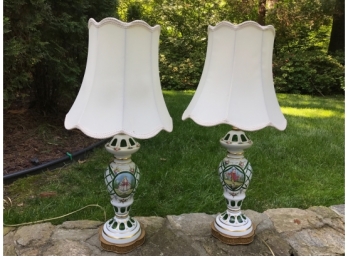 Lovely Pair Of White Cut To Green Painted Bohemian Glass Lamps