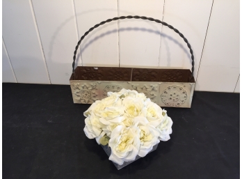 Hammered Tin And Wrought Iron Planter Basket And Beautiful Faux Flowers In A Beaded Box