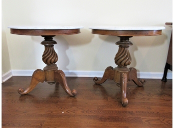 Exceptional Pair Antique 19th Century Carved Oak Marble Topped Tripod Tables