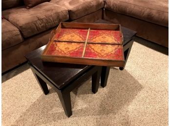 Two Small Wooden Tables And Decorative Wooden Tray