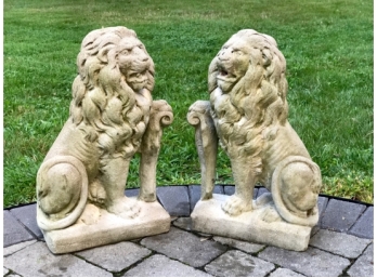 Pair Cast Cement Opposing Standing Garden Lions