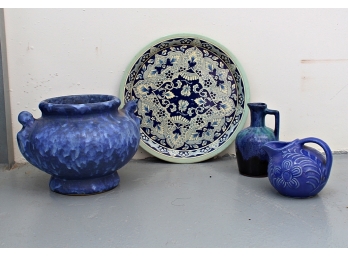 Three Blue Pottery Pieces And A Tin Plate Marked Holland