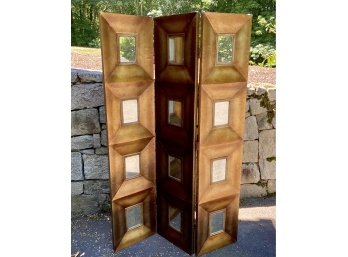 Three Panel Gilt Tone Room Divider With Inset Mirrors