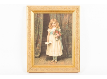 Framed Vintage Colored Print Little Girl Flowers