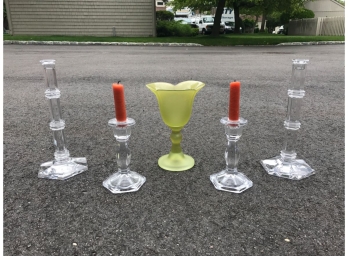Pair Tiffany Candlesticks Along With A Green Vase And A Of Pair Glass Candlesticks