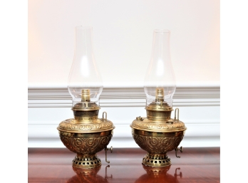 Pair Of Antique 1891 Bradley & Hubbard Brass Oil Lamps Converted Into Electric Lamps (NEWLY ADDED)