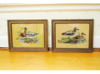 Pair Vintage Framed Needlepoints Depicting Ducks