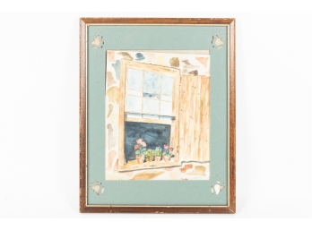 Framed Watercolor Country Painting Stenciled Mat