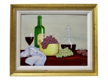 Signed Kahn Still Life Fruit And Wine Oil Painting