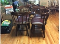 Six Vintage 1970's Spindle Back Hardwood Vinyl Padded Seat Chairs 1