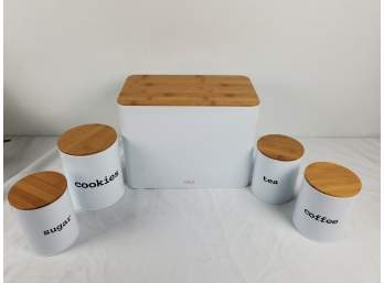Bread Box & 5 Piece Kitchen Canister Set With Bread Cutting Board Lids