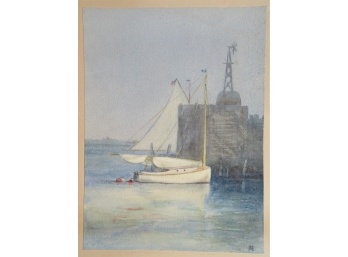 19th Century Watercolor Sailboat At Dock, Monogrammed