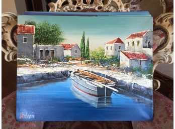 Oil On Canvas Unframed Signed Vecerin: Rowboat And Red Roof