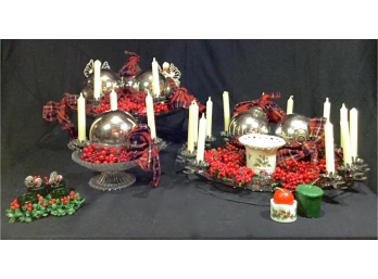 Six  Silver Toned Christmas Balls, Red Berries & Silver Toned Candle Holder Clips