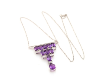 14K White Gold Amethyst And Diamond Pendant Necklace
