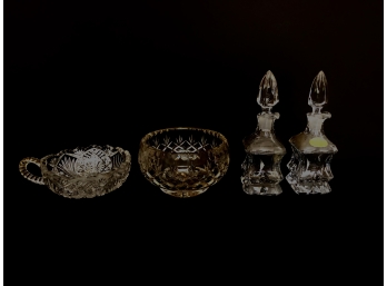 Lead Crystal Cruets And Bowl And  And Pressed Glass Handled Candy Dish