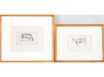 Two Pencil Drawings Or Engravings Of Cows Dated 1989