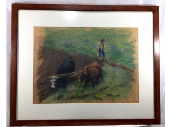 Corina Alvarez De Lugo Pastel Drawing Titled 'Plowing With Oxen In Venezuelan Paramos'