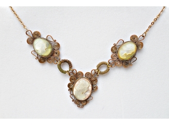 Vintage Copper Colored Metal Necklace WithThree Shell Cameo Medallions