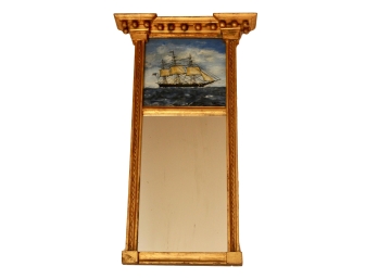 Vintage Reverse Painting On Glass Of A Ship And A Gold Gilt Mirror